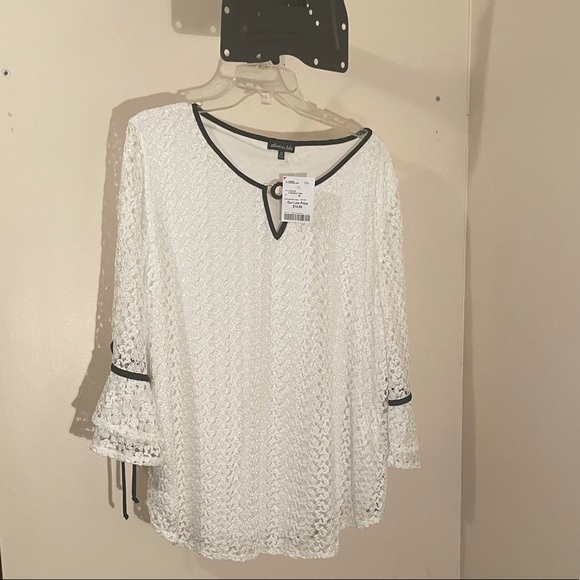 olivia blu Tops - White with black trim lace blouse. 3/4 length bell sleeves.